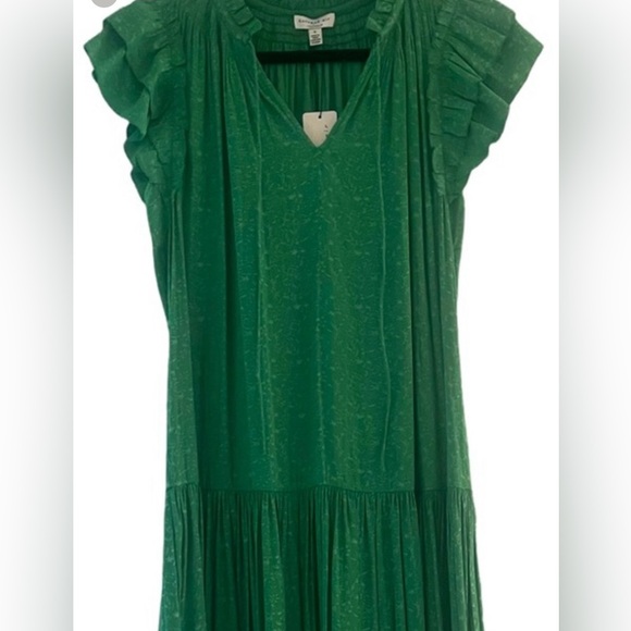 NEW, Green, Short Sleeved Flutter Neck W/ Drawstring Tie, Long Dress, SZ: Small - Picture 3 of 7